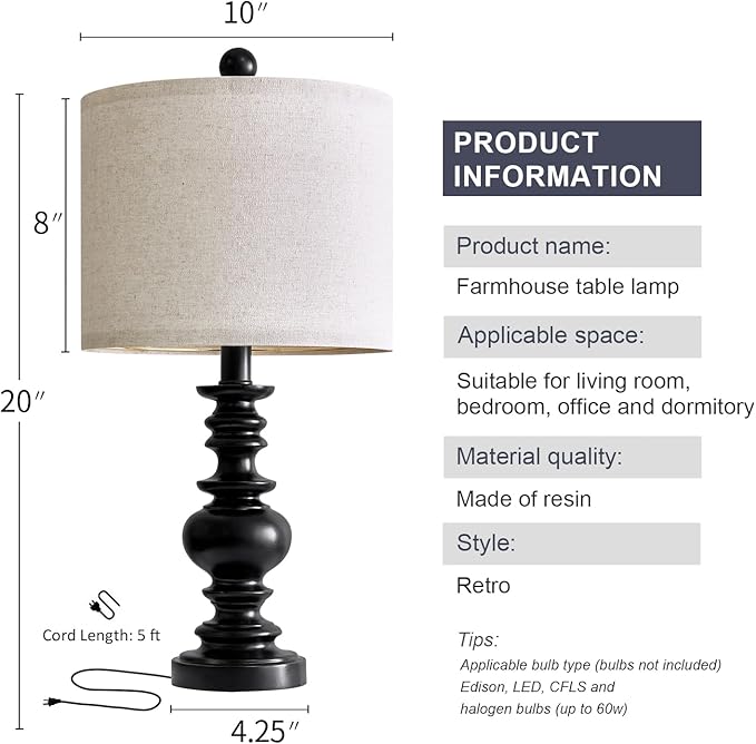 BOBOMOMO 20" Table Lamp Set of 2 for Bedroom Living Room Vintage Rustic Traditional Nightstand Bedside Lamps(Suitable for Decorating Small Areas)