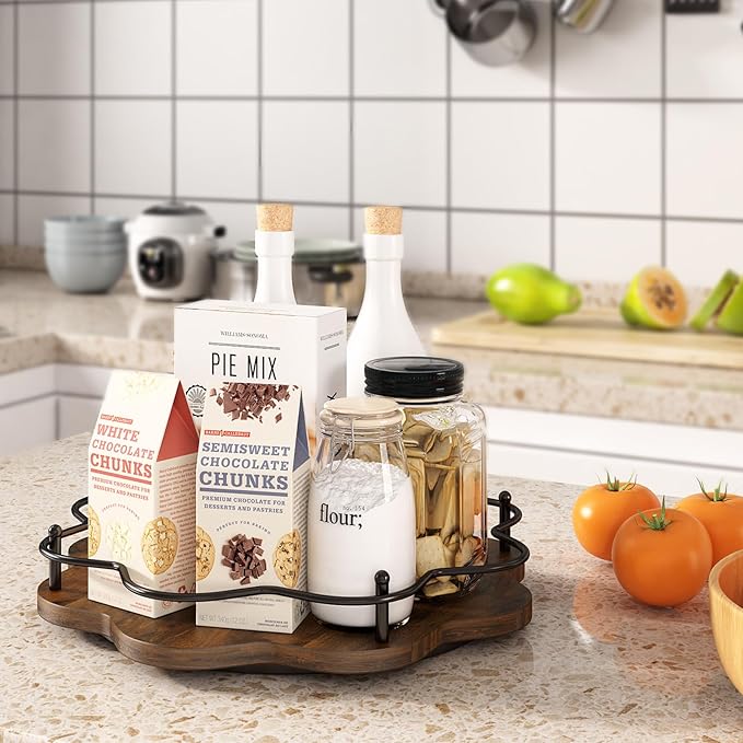 12" Lazy Susan Turntable Organizer,Round Wooden Lazy Susan Organization and Rotating Spice Rack for Dining Table,Pantry,Kitchen Countertop,Vanity,Cupboard and More.Vintage Wood(Petal Shape)