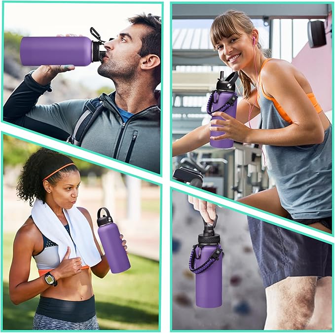 32 oz Water Bottles with Straw & Spout Lid, Paracord Handle & Strap, Double Wall Insulated Flask Water Bottle, Reusable Wide Mouth Gym Water Bottles for Women and Men for Outdoor Fitness Sports