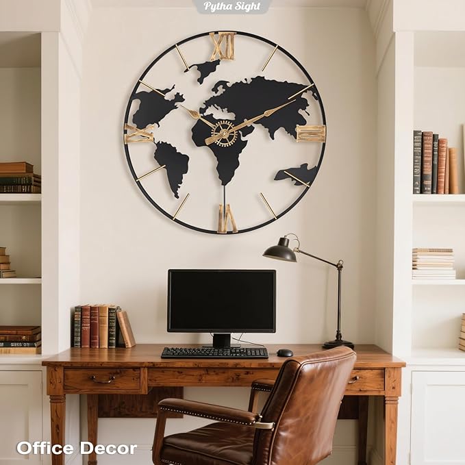 24 Inch Large Wall Clock,Modern Decorative Big World Map with Vintage Gold Roman Numeral Extra Giant Metal Oversized Wall Clocks for Living Room,Office,Kitchen,Dining Room,Bedroom