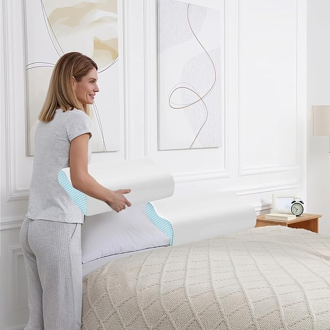 2 Pack Memory Foam Cooling Bed Pillows for Sleeping, Ergonomic Cervical Pillow for Neck and Shoulder Pain Relief, Adjustable Cold Pillow Set of 2,with Pillowcaseļ¼Blueļ¼