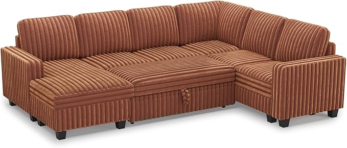 Belffin Corduroy Sleeper Sofa Bed with Storage Chaise Modular Sectional Sofa Couch with Pull Out Bed L Shaped Sectional Couches for Living Room Brick Red Couch