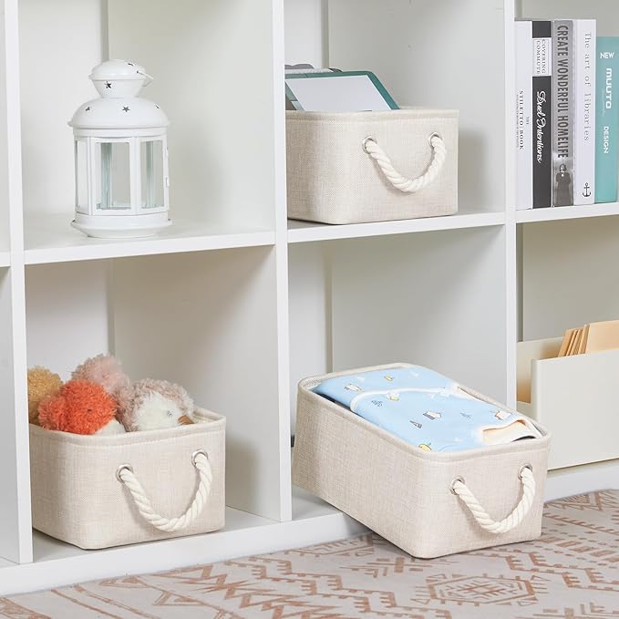 Bidtakay Small Storage Bins for Shelves 3 Pack Fabric Storage Baskets for Organizing 12x8x5 Inch Closet Storage Bins Linen Collapsible Organizer for Closet-Light Biege