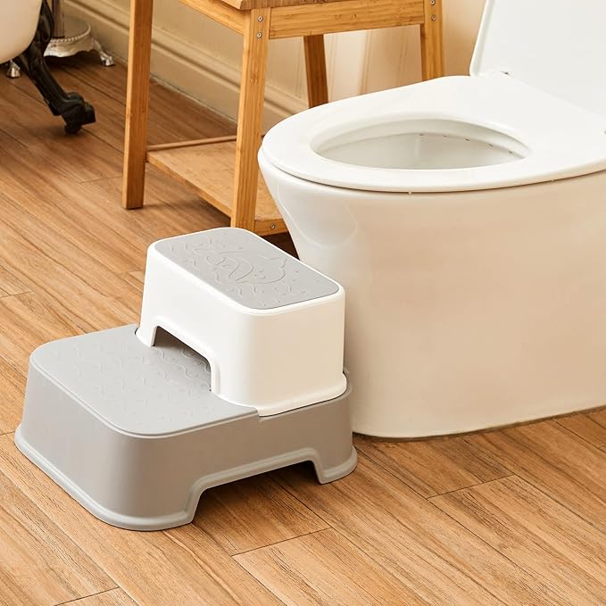 2 Step Stool for Kids (2 Packs),Double up Step Stool for Bathroom,Potty Training,Toilet Stool, Slip Resistant,Two Step Stool for Sink(Grey)