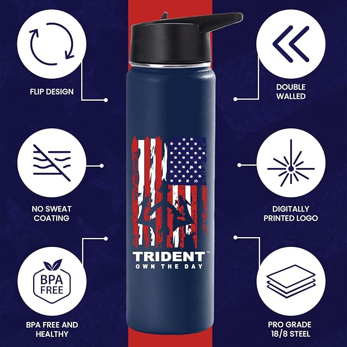 American Flag Water Bottle, 21 oz Insulated Water Bottle, Reusable Water Bottle with Straw, Leak Proof Water Bottles, Thermos Water Bottle - Retired Navy Combat Vet Small Business (Dark Blue, 21 Oz)