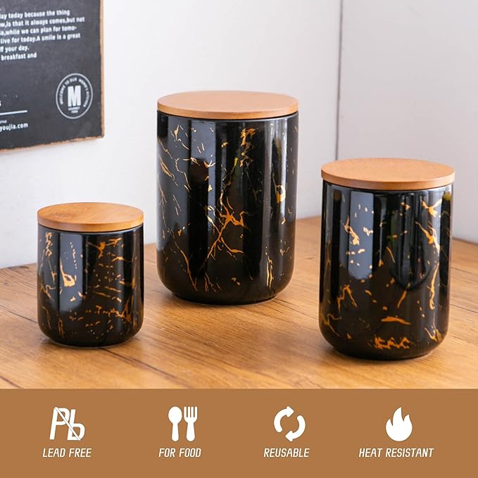 Black Ceramic Canister Set with Wooden Lid, 3-Piece Food Storage Jars for Kitchen Counter, Storage Container for Sugar, Coffee, Tea, Spice