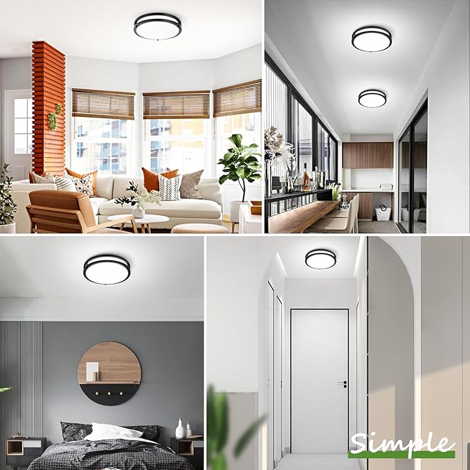 4-Pack 36W LED Flush Mount Ceiling Lights, 3200LM Black Ceiling Light Fixtures, 5 Color in One (2700K/3000K/4000K/5000K/6500K), 12'' Modern Round Ceiling Lamp for Kitchen Hallway Stairwell Offices