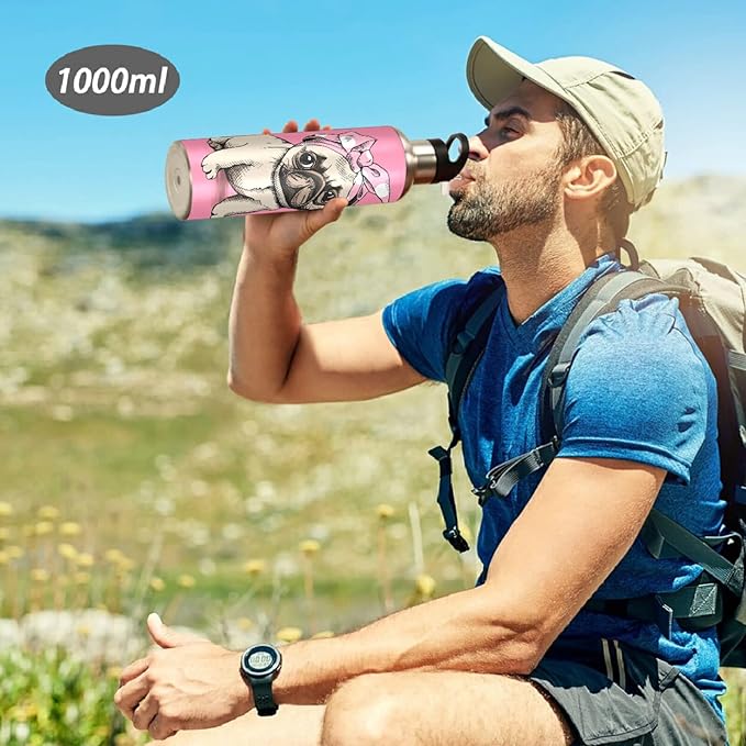 Blueangle 32 OZ Pink Headband Pug Water Bottle with Straw, Sports Water Bottle BPA Free Stainless Steel Water Jugs for Gym, Kitchen, Working, Outdoor(201)