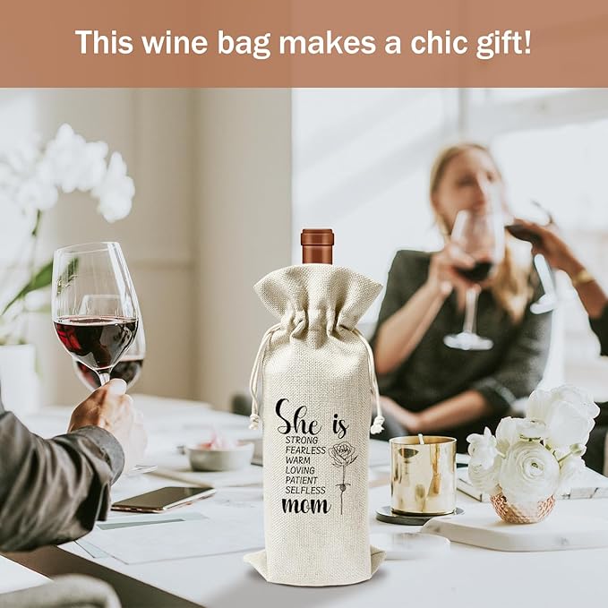 bxtala Mom Wine Gift Bags, Gift for Mother Mama Mother-in-law, 1 pcs Reusable Burlap Drawstring Wine Gift Bags for Wine Bottles, Mother's Day Holiday Party Favor -18