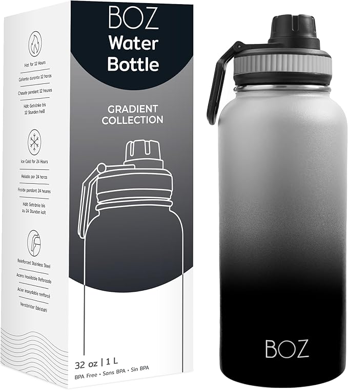 BOZ Stainless Steel Water Bottle - Vaccum Insulated Water Bottle 32 Oz - Wide Mouth BPA Free Sport Water Bottle for Gym with Spout Lid - Thermal Hot & Cold 1 Litre Gradient Black Waterbottle
