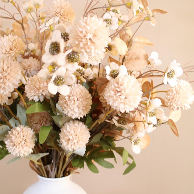 Beige Silk Flower Arrangements For Home Decor, Large Floral Centerpieces For Tables, Fake Mums + Eucalyptus + Wild Flowers in Bulk, Long Stem Artificial Flowers Coffee Dining Table, Faux Mums Flowers