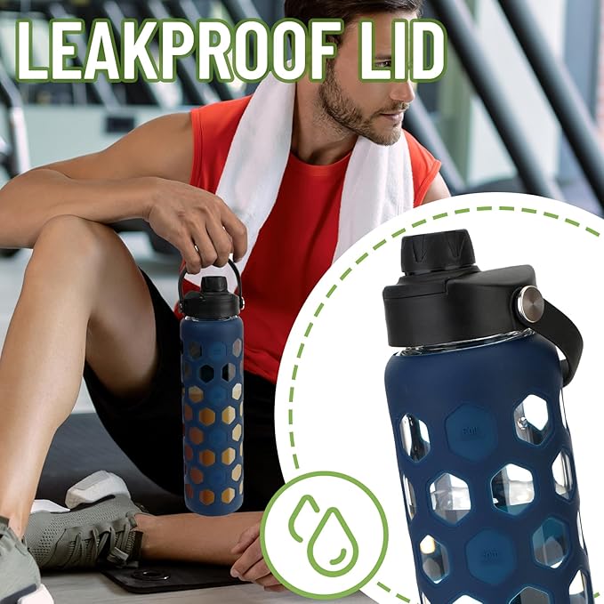 32oz Glass Water Bottles with 2 Lids-Bamboo Straw Lid & Spout Cap,Motivational Water Tumbler with Silicone Sleeve with Time Marker,Leakproof,BPA Free