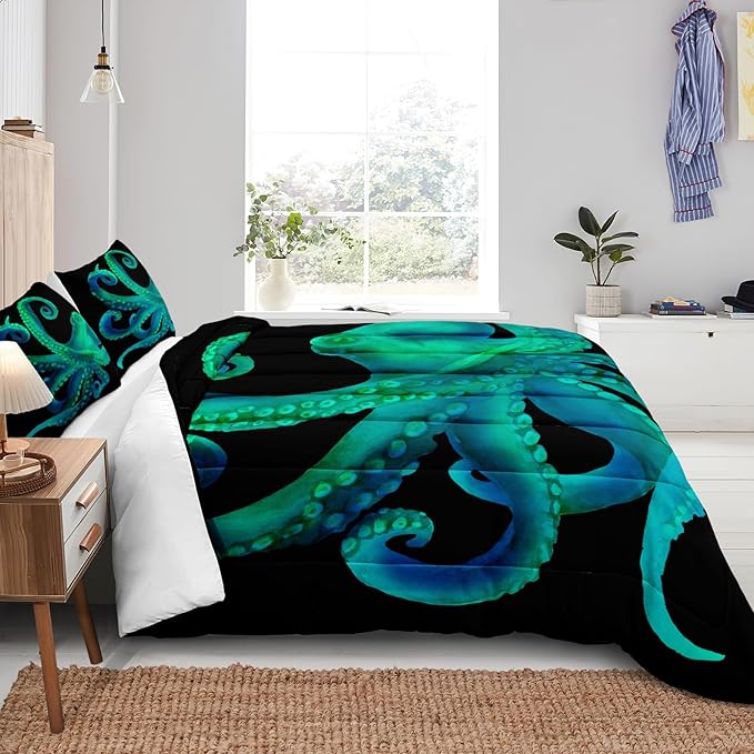 Bedbay Octopus Comforter Set Queen Size Ocean Animal Comforter Set for Kids Teens Sea Marine Themed Octopus Bedding Tentacles Pattern Queen Bedding Set(Octopus,Queen)