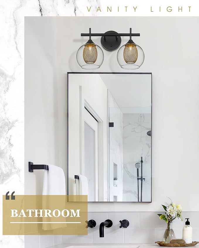 Black and Gold Bathroom Light Fixture, Farmhouse Wall Sconce Lighting with Clear Glass and Honeycomb Metal Shade, 2-Light Black Brass Vanity Light Over Mirror, AD-22001-2W-BK
