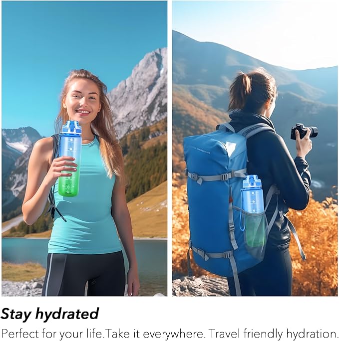 32oz Motivational Water Bottles with Time Marker & Fruit Strainer, Transparent Gradient Color Water Bottle with Times to Drink, Leakproof & BPA Free, Reusable Bottle with Strap (No Straw)