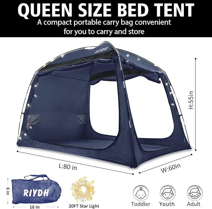 Bed Tent Bed Canopy Breathable 100% for Adult and Kids Light Reduction Sleeping Dream Tents Indoor Portable Big Space with String Light 3 Doors Twin Full Queen King Size