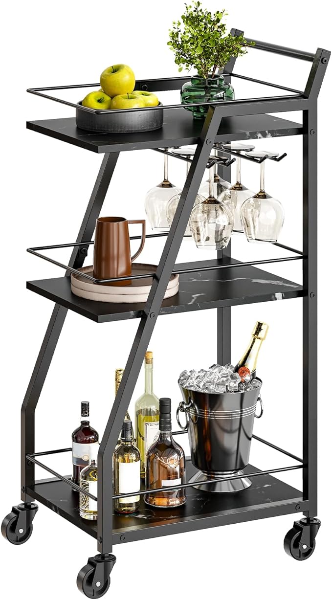Bar Cart, Bar Cart for The Home, Small Bar Cart on Wheels, Beverage Cart, Home Bar Serving Cart with Glass Holder, Drink Cart for Bar, Kitchen, Dining, Marble Black and Black BC03BM
