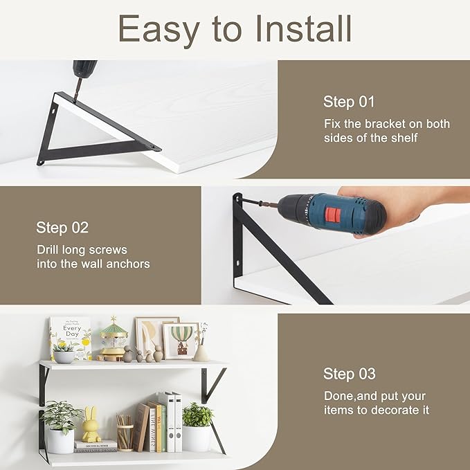 12 Inch Deep Floating Shelves, White Floating Shelves 48W x 12D, Deep Wall Shelves Bracket Set of 2, Large Display Hanging Floating Shelf for Bathroom, Living Room, Wide Storage Wooden Wall Shelf