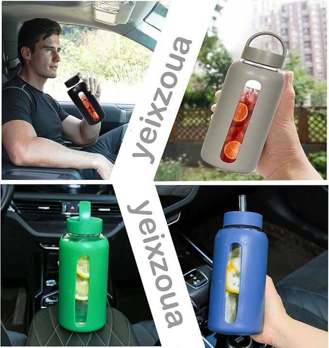 25oz Glass Water Bottles,glass tumbler with straw and 2 lid,Glass Cup with Lid and Straw(BPA Free),Water Bottle with Handle for Outdoor Sports and Home Use.(Green)