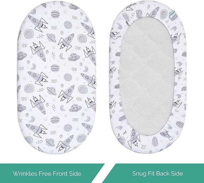 Bassinet Sheets for Dream On Me Karley, Plus, Lacy, Small Regalo Basics, Baby Delight Slumber, Snuggle Nest, Graco Carry Cot, 3 Pack, 16 x 32, Ultra Soft, Unisex Boys Girls, Gray (Space Rockets)