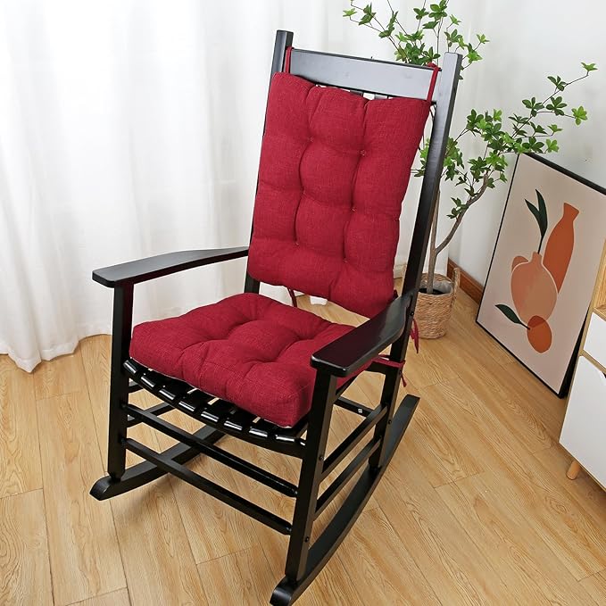 BUYUE Chair Cushion Set for Rocking Chair, Back Pillow & Seat Cushion with Ties, Original Woven Fabric Non-Slip Chair Pads for Elderly Sitting, Red