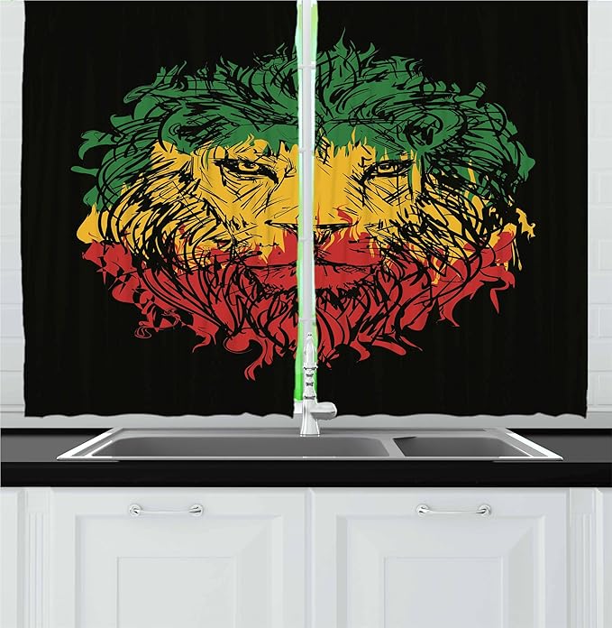 Ambesonne Rasta Kitchen Curtains, Ethiopian Flag Colors on Grunge Sketchy Lion Head with Black Backdrop, Window Drapes 2 Panel Set for Kitchen Cafe Decor, 55" x 30", Pale Lime Green
