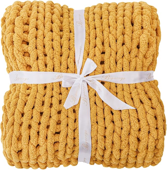 Bigacogo Chunky Knit Throw Blanket for Couch, 40x80 inches, 100% Hand Knitted with Thick Jumbo Chenille Yarn, Cozy Soft Large Rope Knot Cable Crochet Blankets for Sofa Bed Living Room, Mustard Yellow