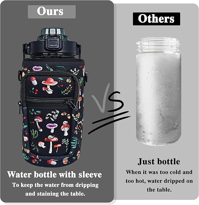 64 oz Water Bottle with Straw Sleeve & Strap Motivational Half Gallon Water Jug with Handle for Gym Women Men Aesthetic Water Bottle with Strap Black Mushroom