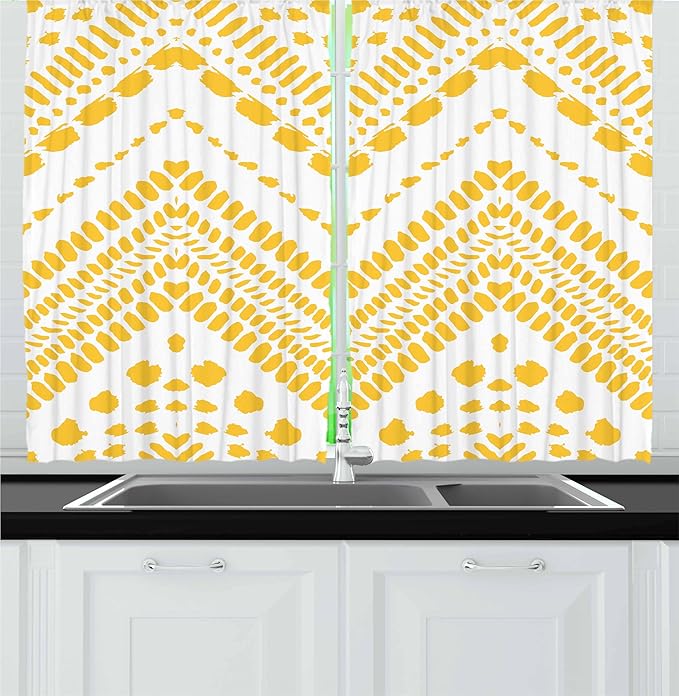 Ambesonne Yellow Chevron Kitchen Curtains, Hand Drawn Aztec Pattern Motif with Dashed Lines, Window Drapes 2 Panel Set for Kitchen Cafe Decor, 55" x 30", Mustard White