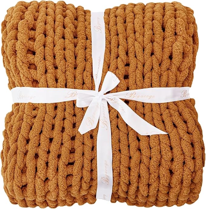 Bigacogo Chunky Knit Throw Blanket for Couch, 40x40 inches, 100% Hand Knitted with Thick Jumbo Chenille Yarn, Cozy Soft Large Rope Knot Cable Crochet Blankets for Sofa Bed Living Room, Burnt Orange