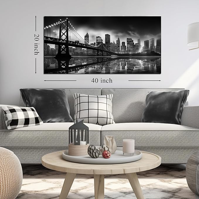 Brooklyn Bridge Wall Art for Living Room City Wall Decor for Bedroom Black Wall Decor for Office 20 x 40 Inch