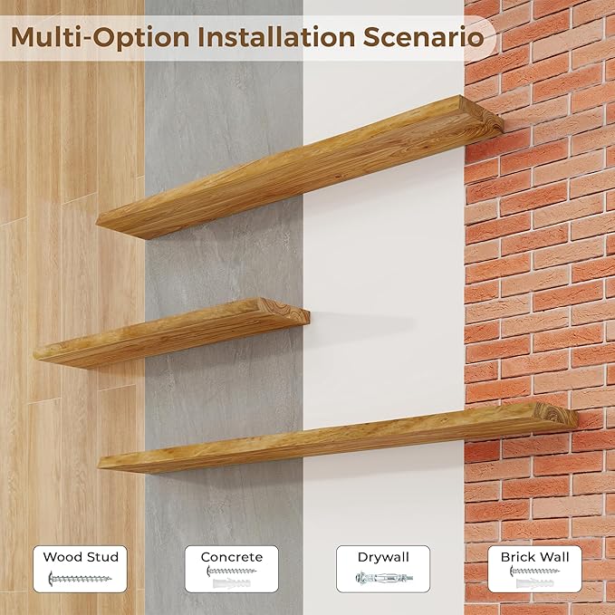 Axeman 24 inch Floating Shelves for Wall - 8'' D Live Edge Rustic Solid Elm Wood Floating Shelves Wall Mounted, Wall Shelves with Invisible Bracket for Living Room Bedroom Kitchen, Set of 2 Natural