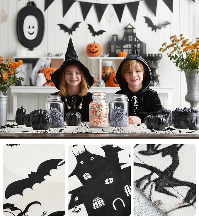 Halloween Table Runner,72 Inches Spooky Haunted House Bats Tree Ghost Witch Table Runner for Halloween, Table Decoration/Party Dinner Table Decor,Kitchen,Mantel,Bedroom Decoration