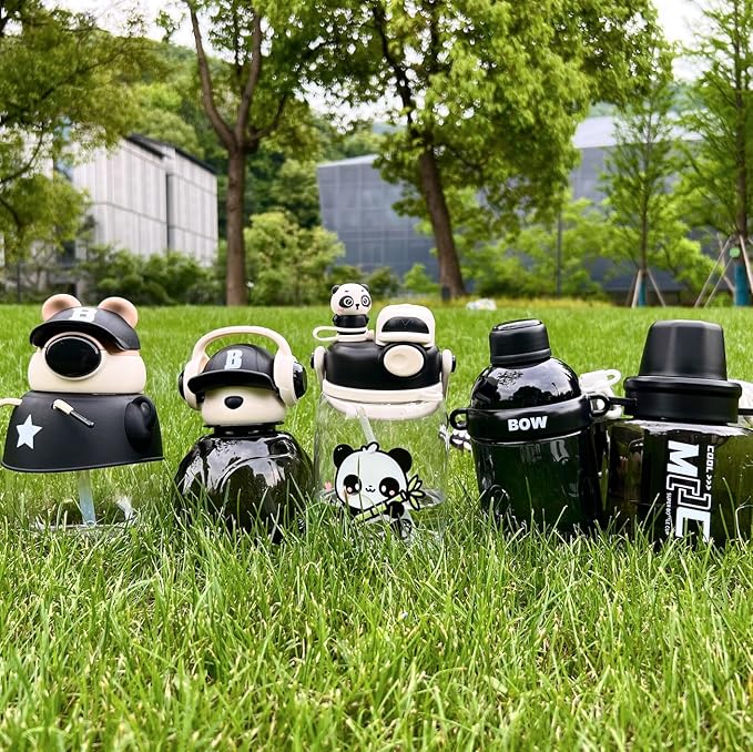 Black Leak-Proof Water Bottle with Flip Top BPA Free Reusable Plastic Drinking Bottle for School, Gym and Workout (Panda), Clear