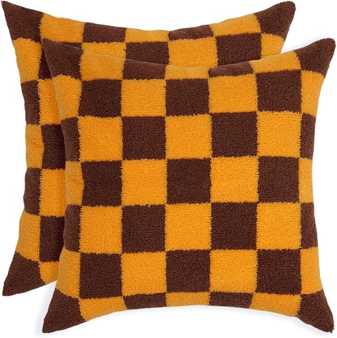 Alysheer Checkered Embroidered Decorative Throw Pillow Covers 18"x 18" Set of 2, Farmhouse Maillard Orange Brown Plaid Tufted Patterned Cotton Canvas Cushion Case for Sofa Couch Bed Living Room