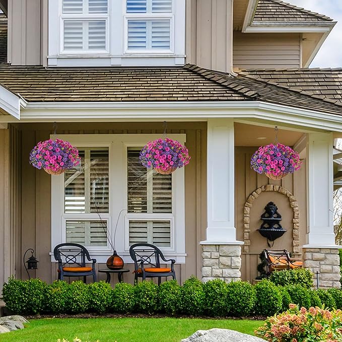 Artificial Faux Hanging Flowers Plants Basket for Spring Summer Outdoors Decoration, Silk Morning Glory with Eucalyptus Look Real UV Resistant Fake Flowers for Outside Porch Patio Balcony Home, Mix