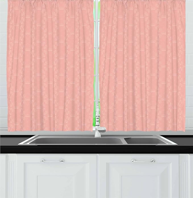 Ambesonne Peach Kitchen Curtains, Soft Colored Background with Crowns and Floral Abstract Motifs with Faded Look Monochrome, Window Drapes 2 Panel Set for Kitchen Cafe Decor, 55" x 24", Coral