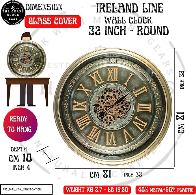 32'' Inch Real Moving Gear Wall Clock Ireland Line (Brass Antique, 32 inches (80 cm))