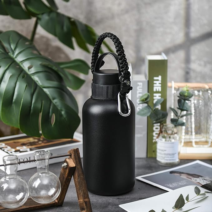 2.0 Paracord Handle for Hydroflask 2.0 Wide & Standard Mouth Water Bottles Carrier with New Ring & Carabiner 12oz, 16oz, 18oz, 20oz, 32oz, 40oz, 64oz (32 oz-40 oz Wide Mouth)