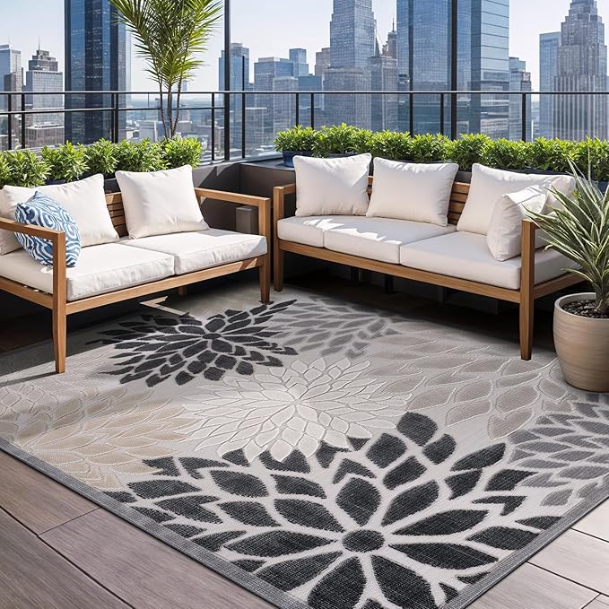 Beverly Rug Outdoor Rug 10x14 Large Modern Floral Tropical Area Rugs for Indoor and Outdoor Patio Easy to Clean Non Shedding Living Room Porch Garden Washable Outside Carpet (10 x 14 Beige)
