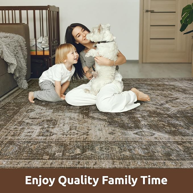 AMOAMI-2X6 Runner Rug-Washable Runners for Hallways-Soft Non Slip Bedside Rugs for Bedroom-Vintage Long Rug for Hallways Entryway Laundry Room Stair Kitchen Bathroom Light Brown/Coffee