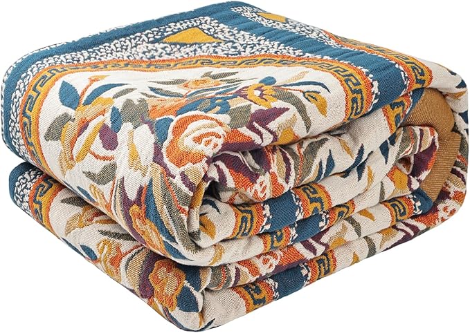 Boho Throw Blanket for Bed - 100% Pure Cotton Ultra Soft Rustic Quilt - Farmhouse Decor Bed Blankets, All Season Rustic Throw for Sofa Couch Chair(91''x 98'', Floral)