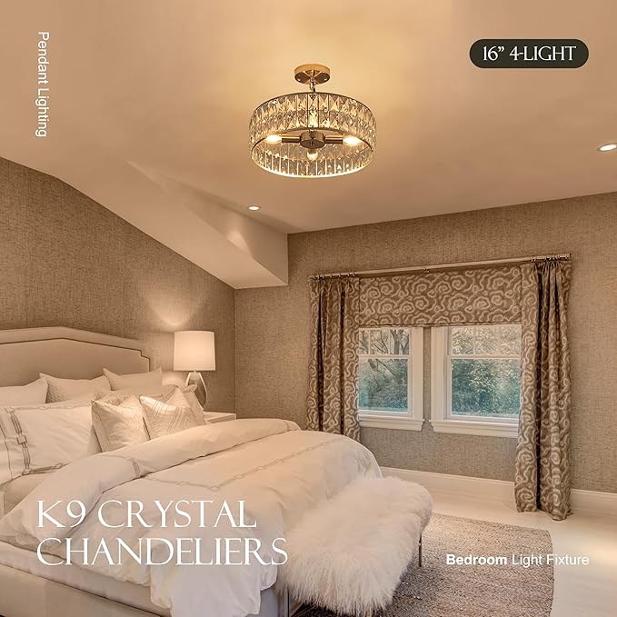 16” 4-Light Modern Crystal Chandeliers Nickel Dinning Room Light Fixture, Round Pendant Light Kitchen Island Chandelier, Flush Mount Ceiling Light for Living Room Entryway Bedroom Foyer