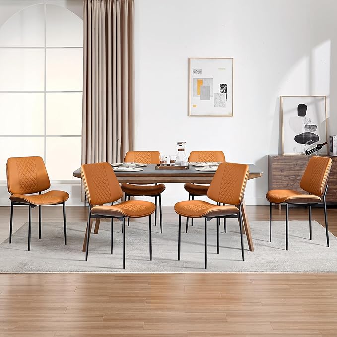 BV Dining Chairs Set of 2, PU Leather Armless Kitchen Chair in Modern Walnut Style, Mid Century Bentwood Side Chair with Metal Legs, Retro Accent Guest Chair for Kitchen Dining Room(Brown)