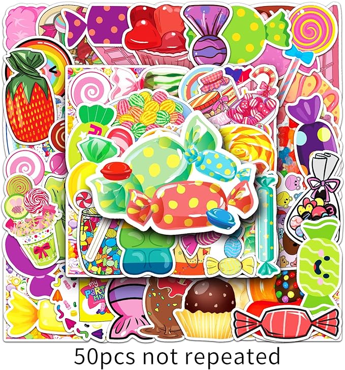 50pcs Cartoon Waterproof Stickers for Laptop, Phone, Bottle, Suitcase, Scrapbook, Candy Stickers,Ice Cream Candy,Cute Food Stickers,Kawaii Stickers,Cookie Stickers (Stickers F)