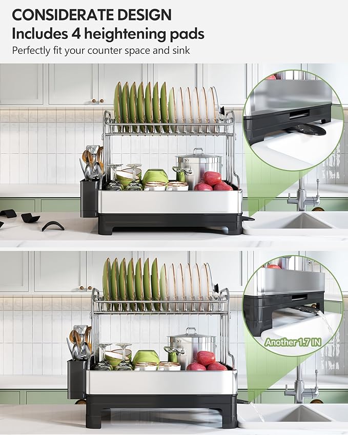 BOOSINY Extra Large Stainless Steel Dish Drying Rack, 2 Tier Dish Racks for Kitchen Counter, Dish Drainer with Drainboard Set, Full Size Dish Dryer Rack with Utensil Holder, Black