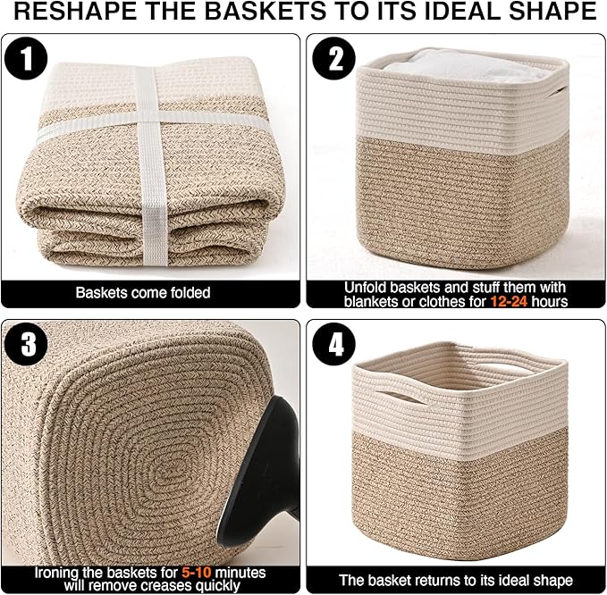 11 Inch Cube Storage Bins, Organizer Woven Cotton Rope Square Baskets for Organizing Shelves, Toys, Nursery, Off White & Brown (Pack of 3)