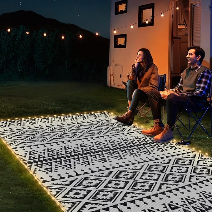 6x9ft Waterproof Outdoor Rug with LED Lights, Bohemia Reversible Plastic Straw Mat for Patio RV Camping Picnic Balcony Beach Deck Indoor Outdoor Carpet, Black&White