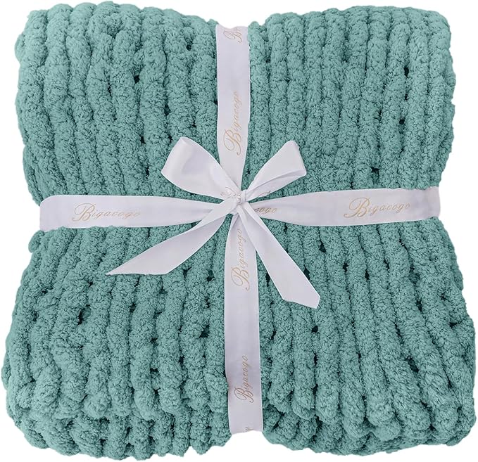 Bigacogo Chunky Knit Throw Blanket for Couch, 40x80 inches, 100% Hand Knitted with Thick Jumbo Chenille Yarn, Cozy Soft Large Rope Knot Cable Crochet Blankets for Sofa Bed Living Room, Light Teal