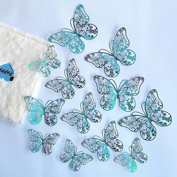 3D Butterfly Wall Decor 48 Pcs 4 Styles 3 Sizes, Butterfly Birthday Decorations Butterfly Party Decorations Cake Decorations, Removable Stickers(Green)